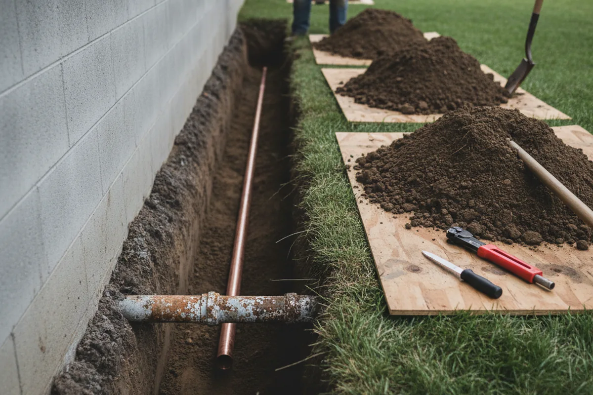 Excavated water line trench during Sewer Line Repair in Artois